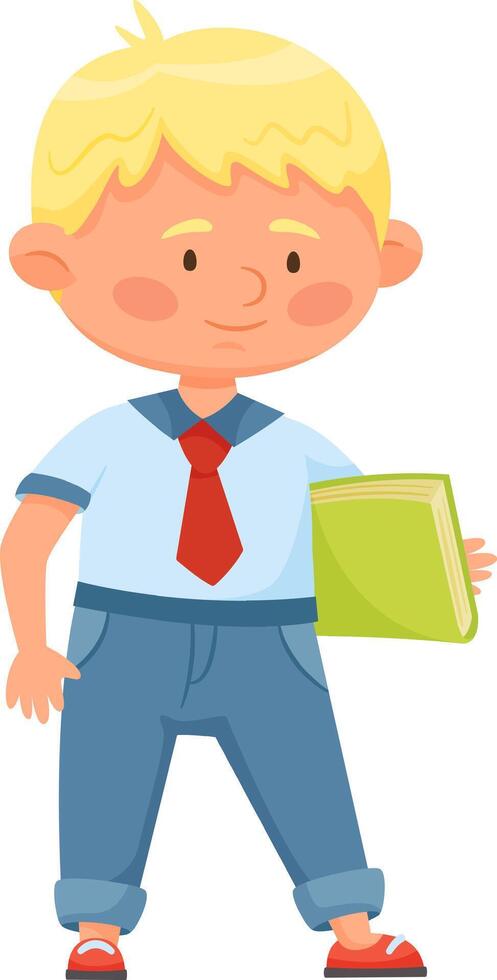 Schoolboy with blond hair holding a book under his arm, wearing a light blue shirt, red tie, blue pants and red shoes, isolated on white background, full length portrait vector