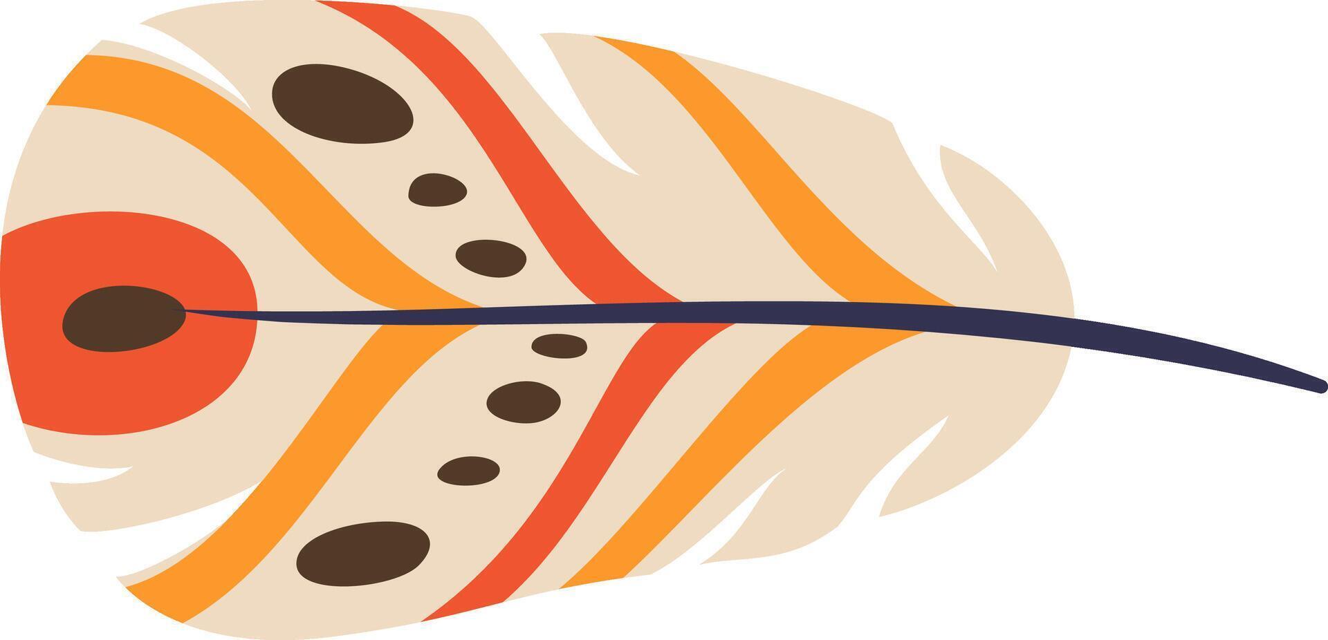 Single stylized feather with orange, red and brown spots and stripes design, quill in the center and white background, representing lightness, freedom, and boho style vector