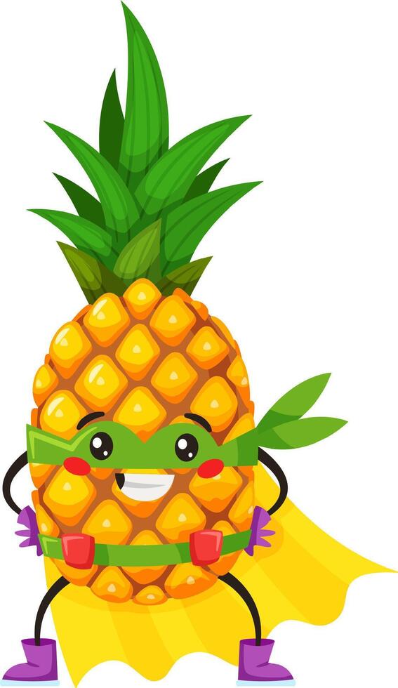 Cheerful pineapple character exuding confidence while wearing a superhero mask and cape, ready for action and embodying fun, strength, and playful bravery in a vibrant cartoon style vector