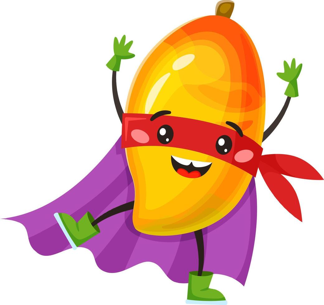 Happy superhero mango fruit character wearing red mask and purple cape flying and smiling, funny healthy food personage, kids menu element Illustration isolated on a white background vector