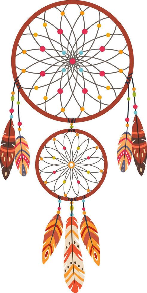 Native american dreamcatcher hanging, showing colorful feathers and beads, representing indigenous culture and spirituality, hand made decoration with traditional design vector