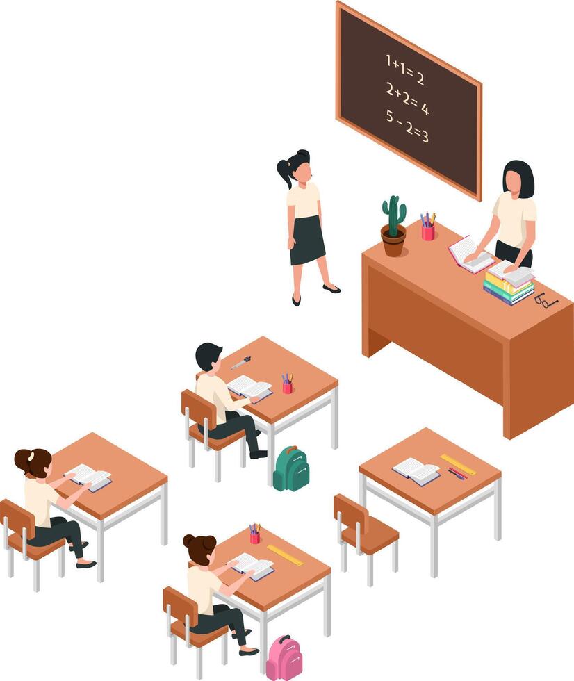 Isometric classroom environment with pupils sitting at desks reading books while teacher is standing at her desk explaining lesson, elementary school education concept vector