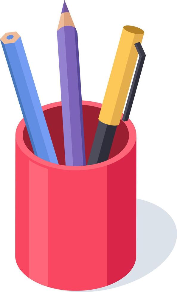Two pencils and a pen are neatly arranged in a vibrant red pencil holder, adding a pop of color and organization to a workspace or study area vector