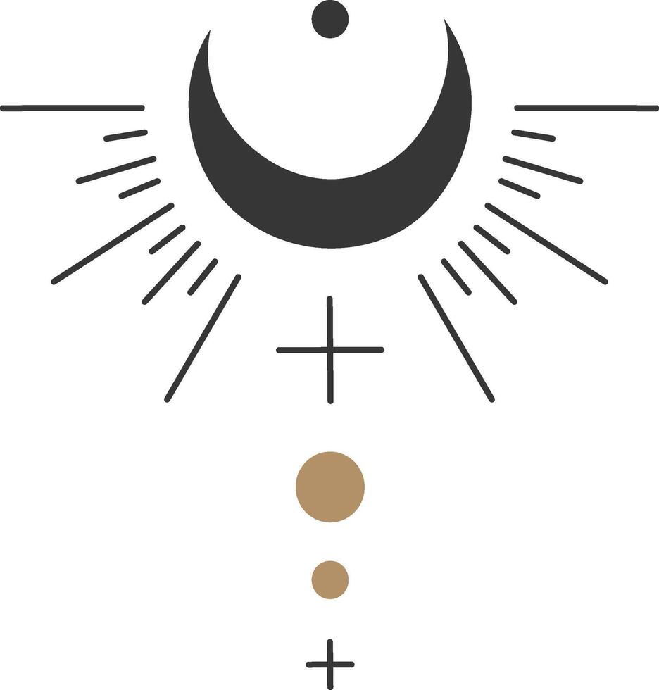 Minimalist esoteric symbol featuring a crescent moon emitting beams of light, crosses, and circles, creating a mystical and spiritual atmosphere vector