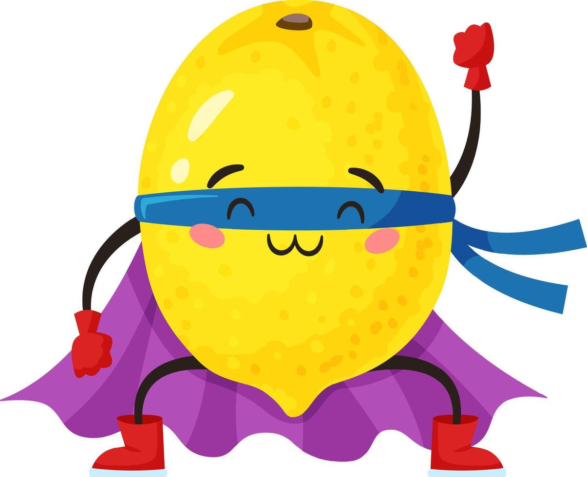 Cute lemon superhero wearing a mask and cape, raising a fist in a playful pose, embodies the fun of healthy eating habits for kids in this vibrant character illustration vector