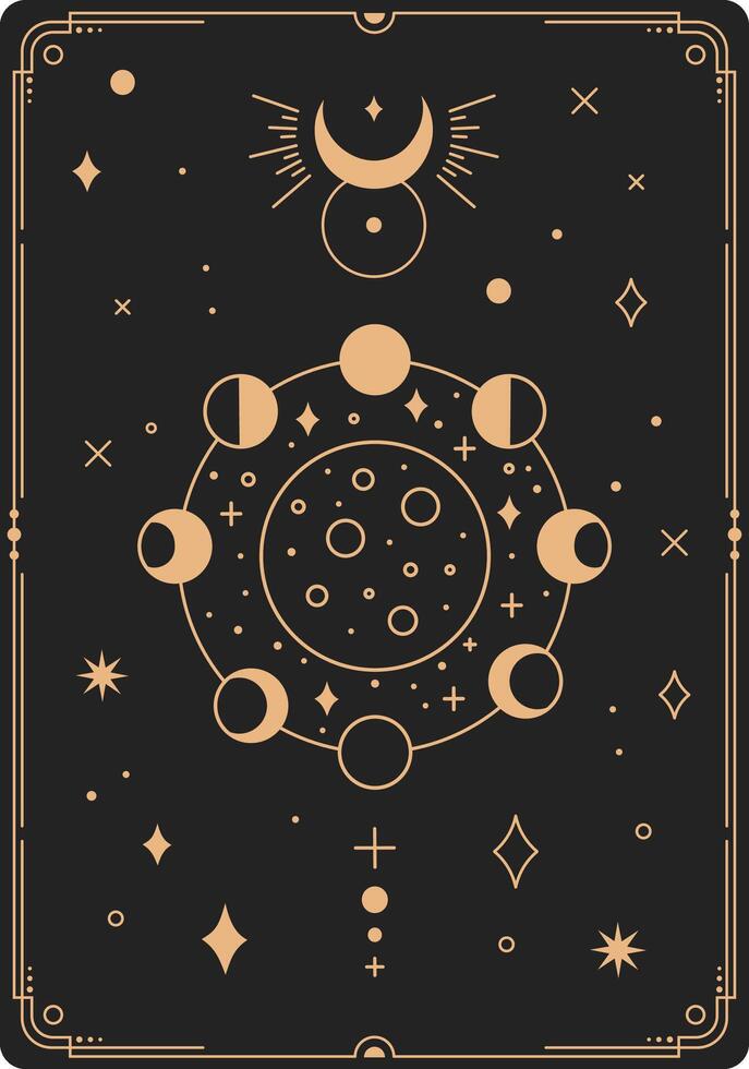 Golden esoteric moon phases and celestial bodies are depicted on a black background, creating a mystical and celestial themed poster or tarot card vector