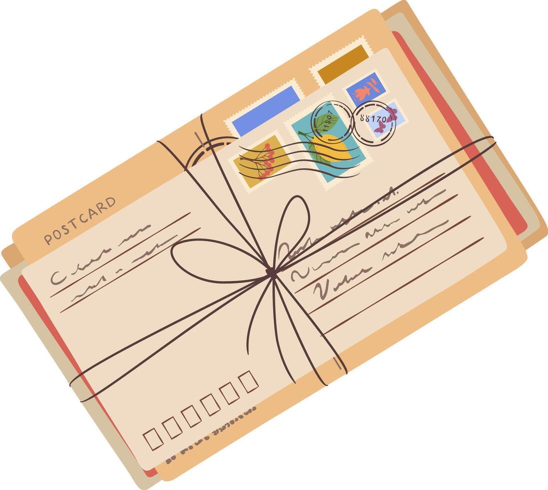 Bundle of old fashioned postcards and envelopes secured with string, adorned with various stamps and handwritten addresses, evokes a sense of nostalgia and traditional communication vector