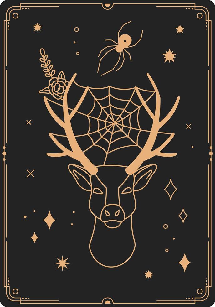 Mystical gold line art illustrating a deer head with cobwebs on antlers, a spider above, flowers beside, and stars and geometric shapes on a black background vector