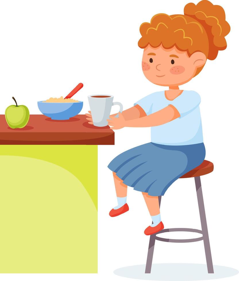 Cute cartoon girl sitting at a table and having breakfast with porridge, milk and green apple, healthy food for kids, colorful illustration isolated on a white background vector