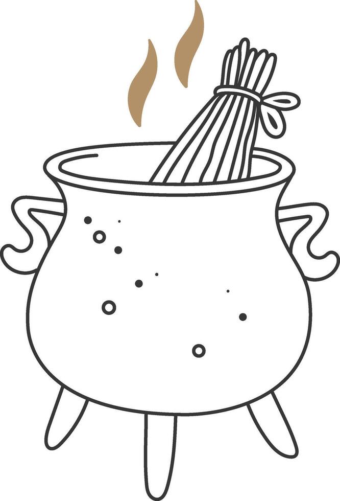 Simple line drawing depicting a steaming cauldron brewing a magical potion, filled with herbs and swirling smoke, ideal for Halloween or enchanting fantasy themed projects vector