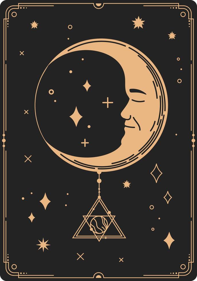 Crescent moon with a serene face, featuring a planet pendant within a triangular frame, set against a dark starry backdrop with geometric patterns, creating a mystical atmosphere vector