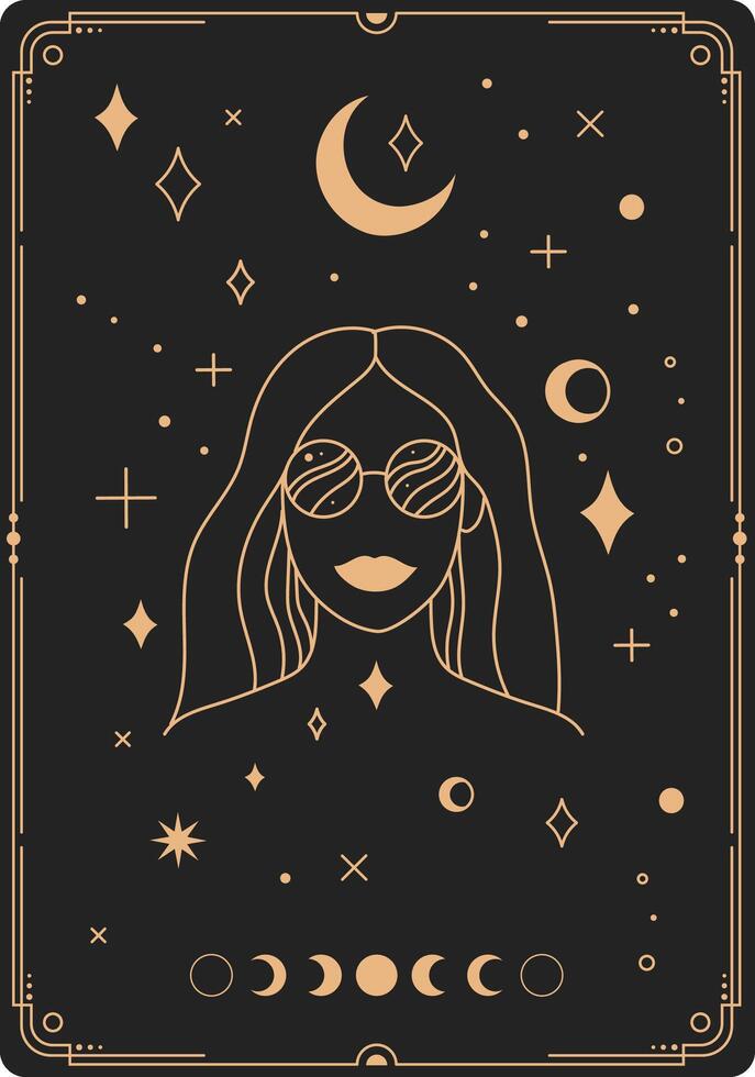Minimalist line art illustration featuring a woman in sunglasses, surrounded by celestial elements like the moon, stars, and planets, evoking a mystical tarot card vibe vector