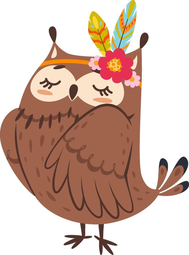 Adorable cartoon owl with closed eyes, wearing a headband decorated with colorful feathers and flowers, creating a charming and whimsical image vector
