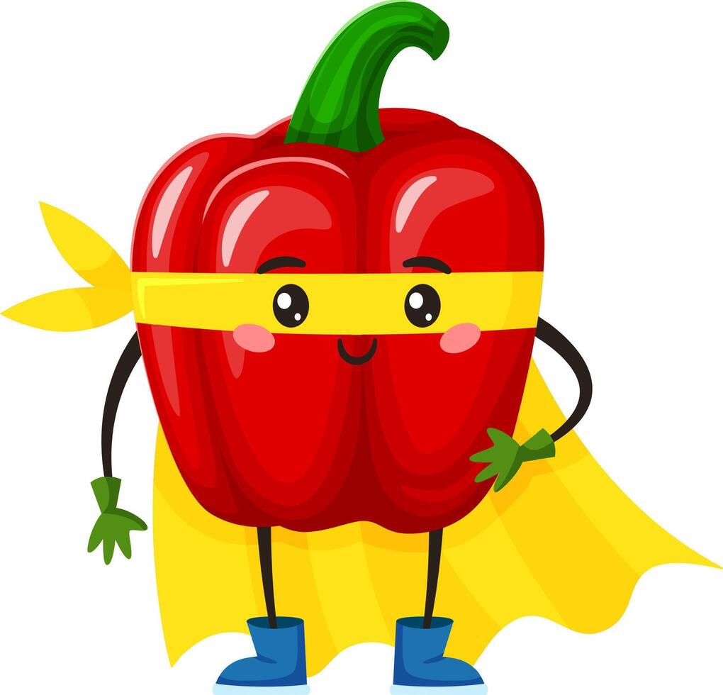 Cartoon illustration of a superhero red bell pepper wearing a yellow cape and mask. Standing proudly with a smile. Promoting healthy eating habits and adding a touch of whimsy to children's nutrition vector
