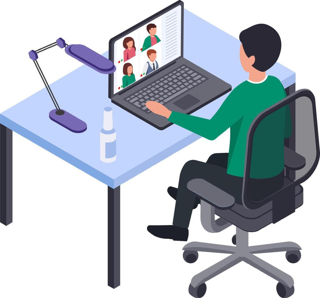 Office worker attending online meeting using laptop, communicating with colleagues via call, working remotely from home, using conferencing software for business communication vector
