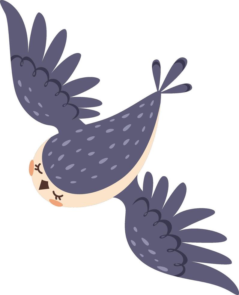 Adorable cartoon owl soaring through the air with closed eyes, spread wings, and a peaceful expression, perfect for children's books, greeting cards, or any project that needs a touch of whimsy vector