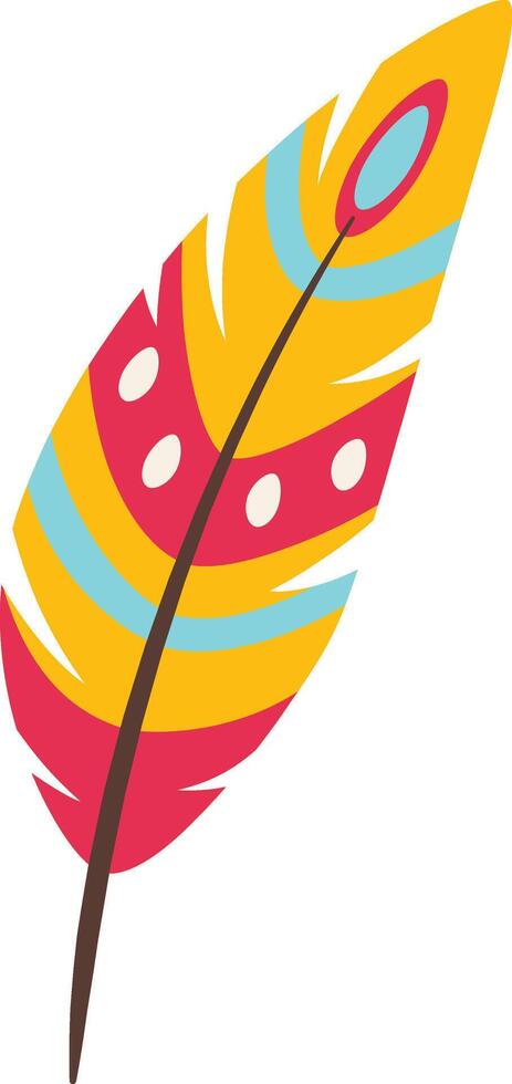 Colorful feather showing red, yellow and light blue stripes and dots, isolated on white background, representing lightness, freedom, and writing vector