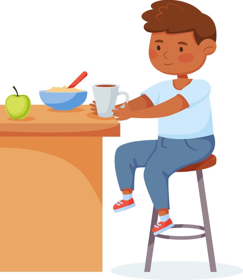 Happy smiling boy sitting on stool at table, having breakfast, eating porridge with spoon and drinking hot tea or coffee from mug, healthy food for kids, healthy nutrition for children concept vector