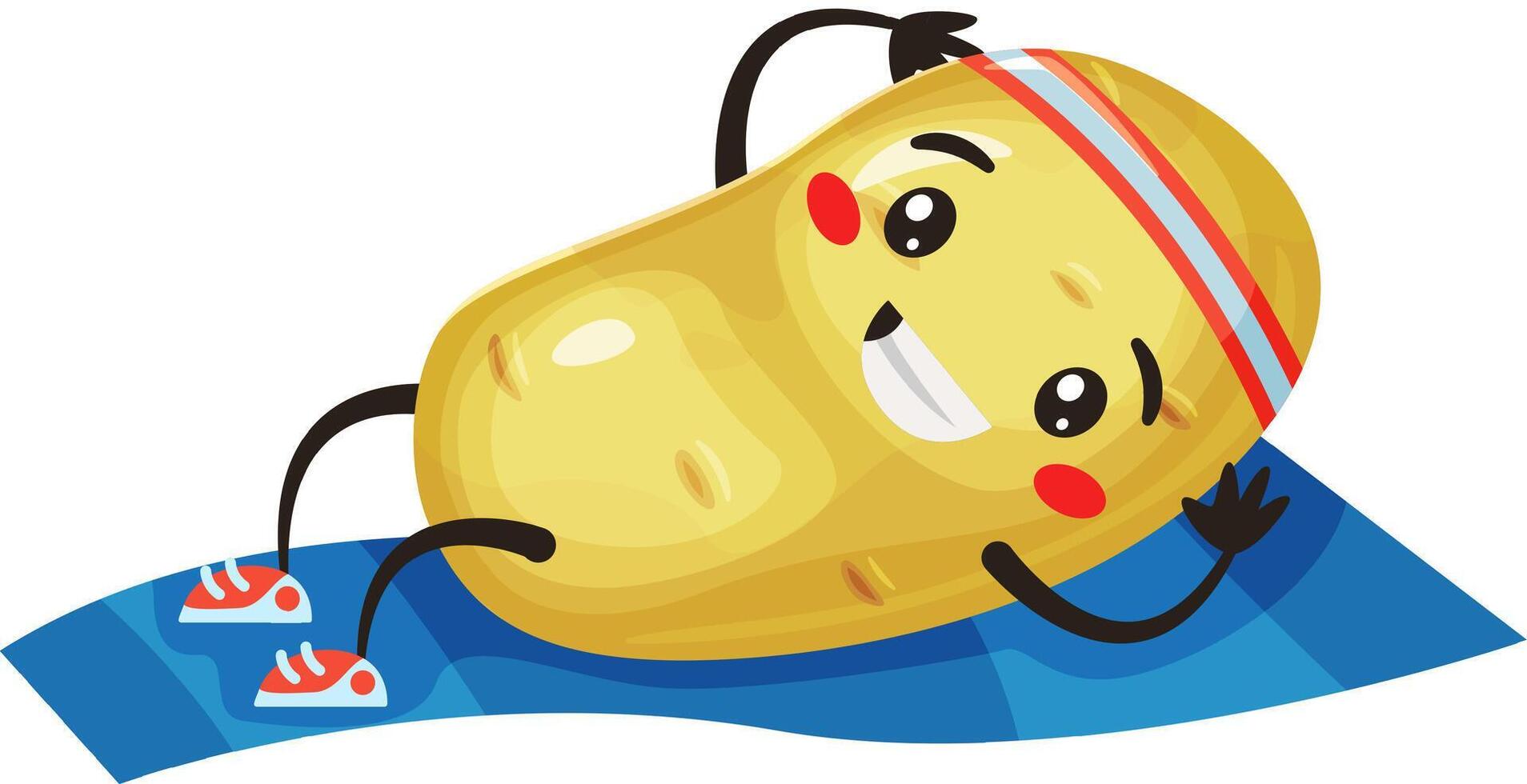 Funny cartoon potato wearing a headband and sneakers, training abs by doing crunches on a blue mat, exuding cheerfulness and determination against a clean white background vector