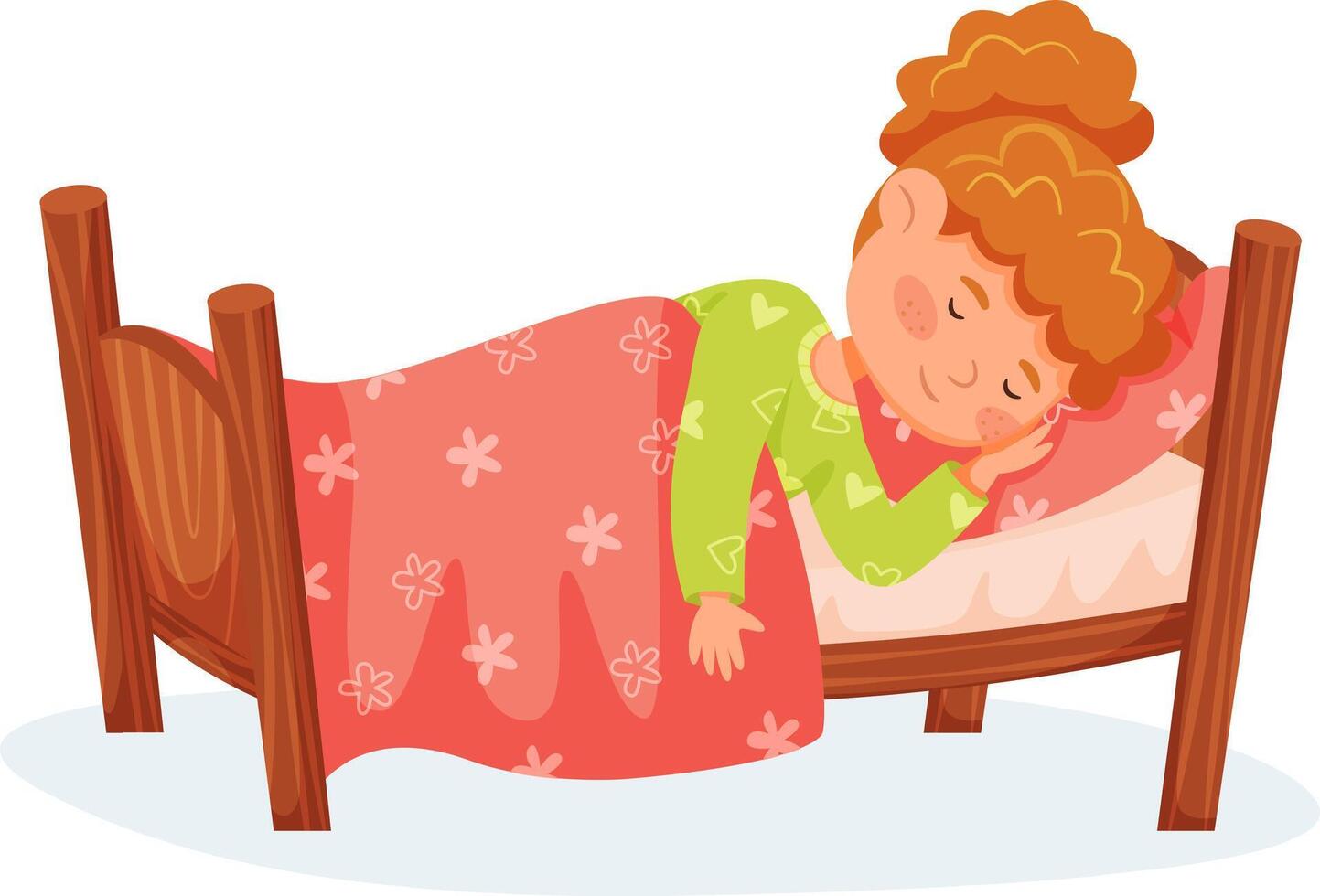 Red haired girl sleeping peacefully in her wooden bed covered with a blanket, enjoying a restful night's sleep in a cozy bedroom, promoting healthy sleep habits for children vector