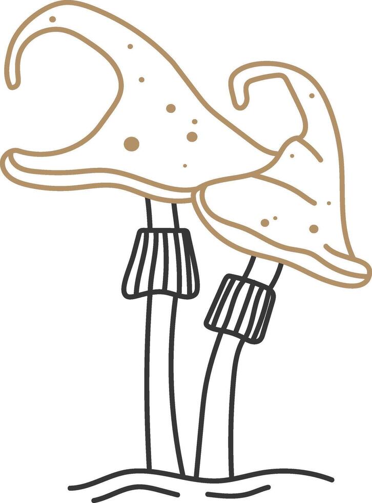Minimalist illustration of two stylized mushrooms with long stems and spotted caps, growing from the ground, evoking a simple and natural aesthetic vector
