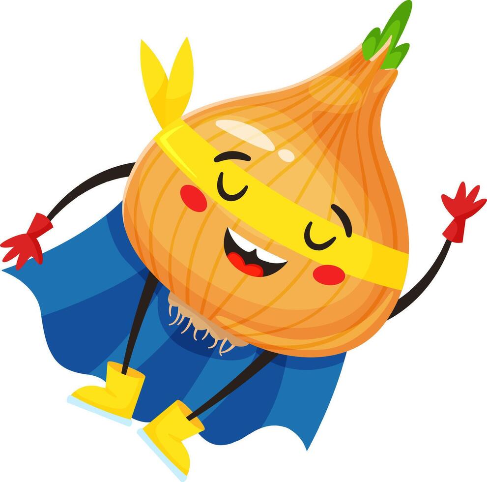 Funny cartoon onion superhero wearing a mask, cape, gloves, and boots, joyfully flying and laughing, promoting healthy eating habits for kids with a cheerful and playful vibe vector