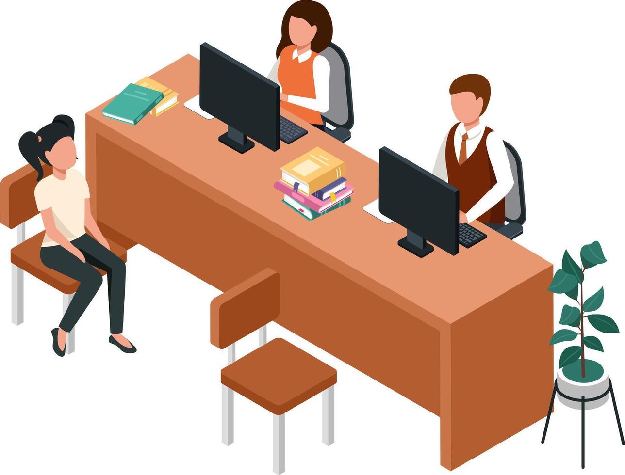 Library employees working with computers at information desk assisting a customer requesting information about books and documents in an isometric illustration vector
