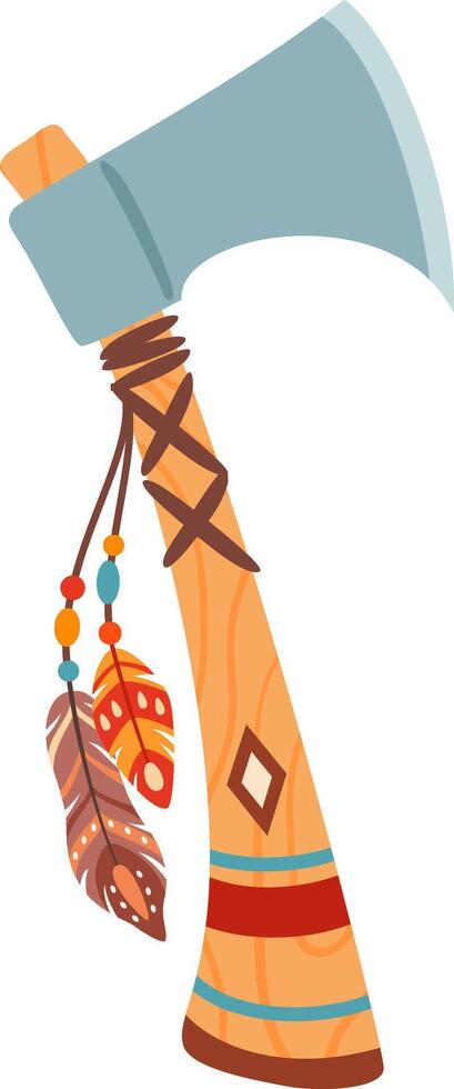 Tomahawk axe featuring a wooden handle adorned with vibrant feathers and beads, representing a traditional Native American weapon and tool, embodying rich cultural symbolism vector