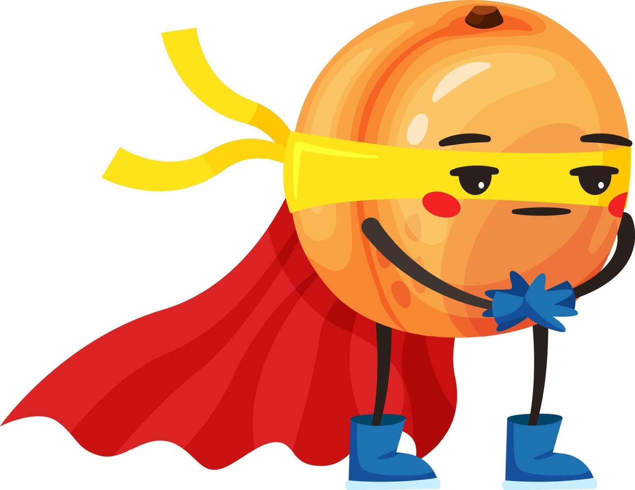Cartoon illustration of an anthropomorphic apricot wearing a superhero costume including a mask, a cape and gloves, standing with its hands clasped vector
