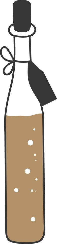Glass bottle filled with fermenting kombucha tea, corked and secured with string, featuring a blank tag while bubbles rise energetically within the effervescent liquid vector