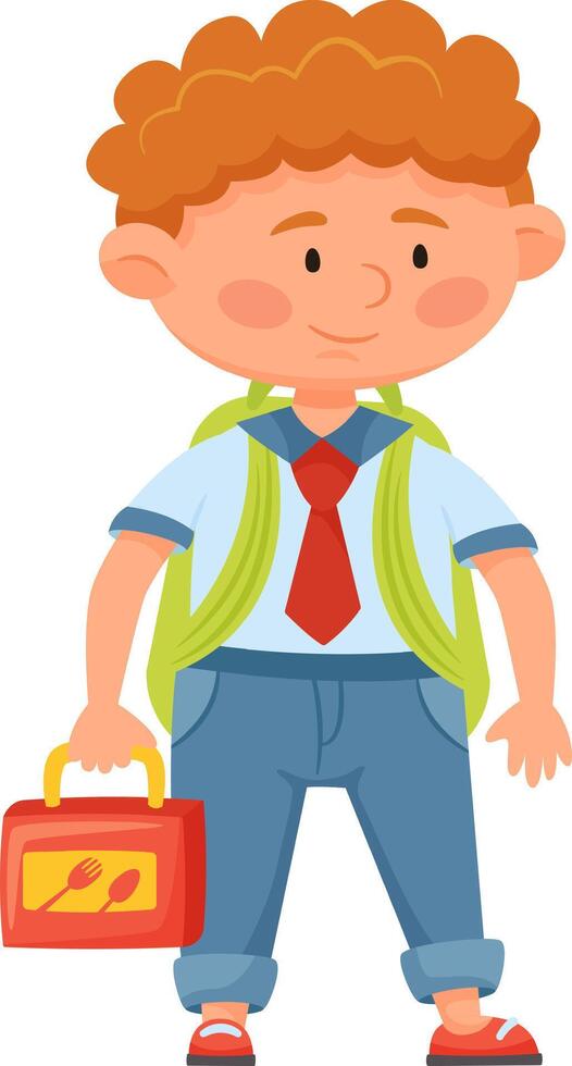 Happy schoolboy with curly red hair, wearing a colorful backpack and carrying a lunchbox, joyfully heading to elementary school, preschool, or kindergarten, radiating excitement and positivity vector