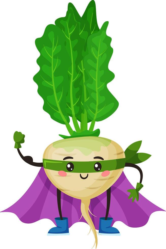 Cartoon illustration of a smiling turnip wearing superhero mask and cape, promoting healthy eating habits and making vegetables fun for children vector