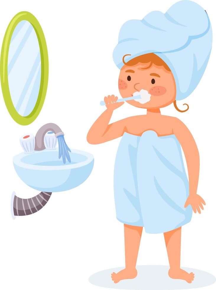 Girl wrapped in blue towel brushing her teeth with a toothbrush and toothpaste in a bathroom with a sink, mirror and running water, promoting dental hygiene and morning routines vector
