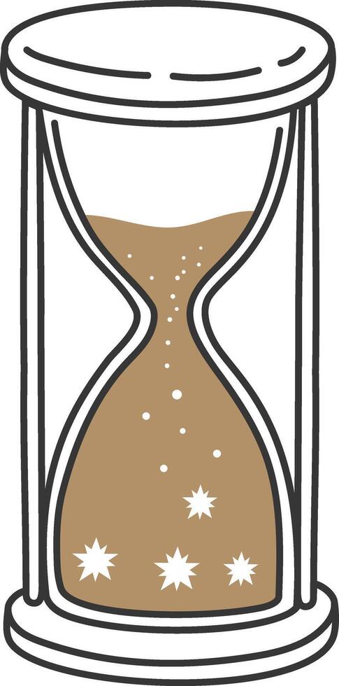 Hourglass filled with falling sand and surrounded by white stars illustrates the relentless passage of time, emphasizing the urgency of seizing every fleeting moment vector