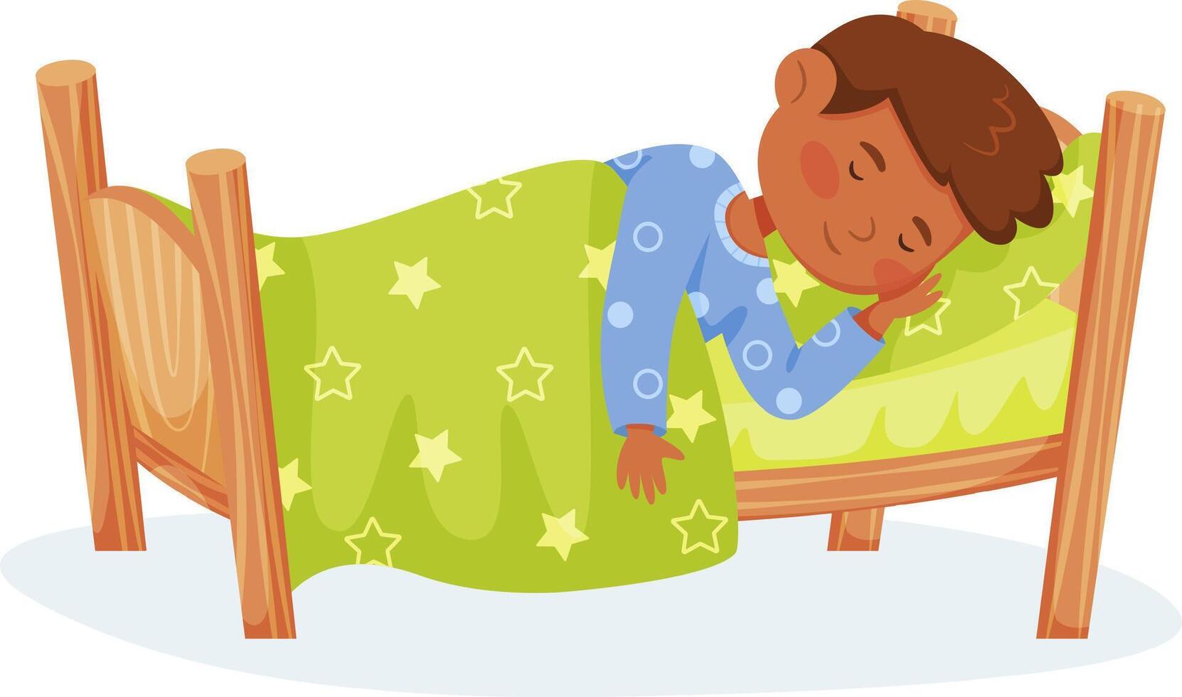 Sweet dreams for a young kid sleeping soundly in a comfortable wooden bed, covered by a green star patterned blanket, enjoying a peaceful night's rest vector