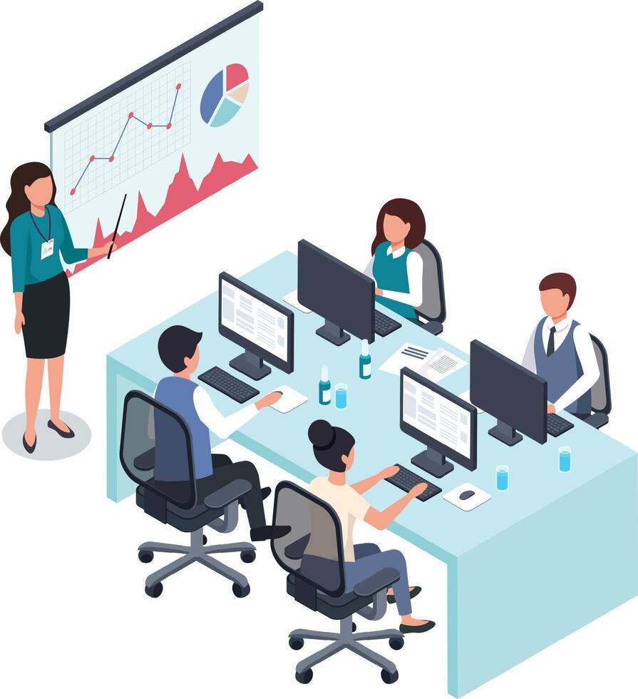 Businesswoman using pointer while giving presentation to office workers sitting at computers with increasing line graph and pie chart displayed on projection screen in isometric illustration vector