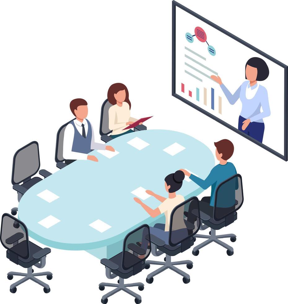 Business people sitting at a table having a meeting analyzing charts and graphs shown on a large screen by a businesswoman, isometric business illustration vector