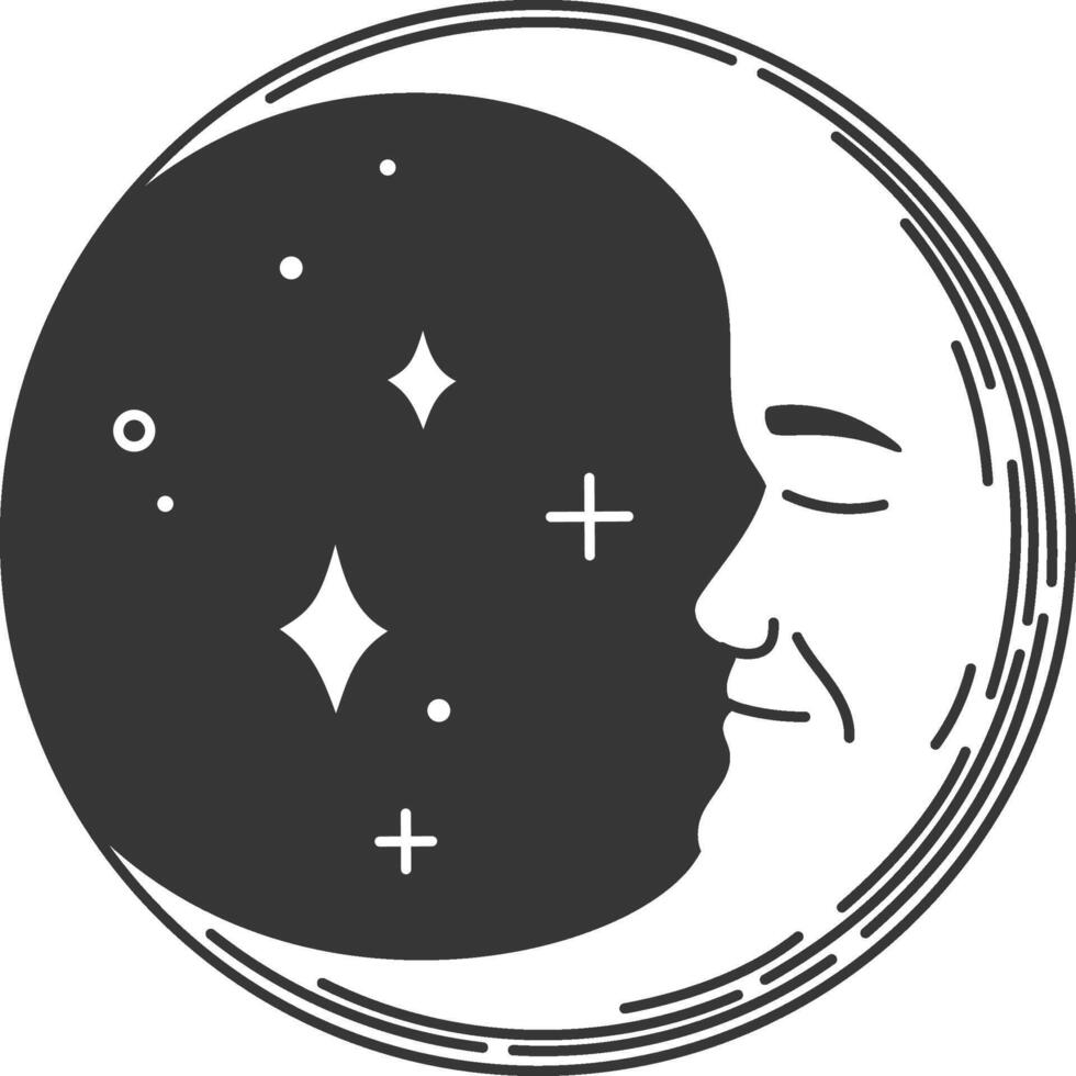 Minimalist illustration of a crescent moon with a serene face sleeping among small stars and plus signs, creating a peaceful and dreamy atmosphere vector