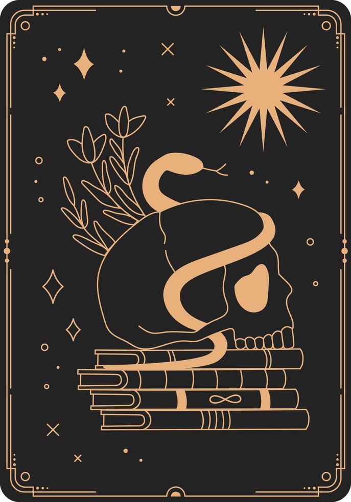 Gold snake resting on a human skull atop a stack of books, with flowers blooming under a starry sky, creating a mystical atmosphere ideal for tarot and occult themes vector