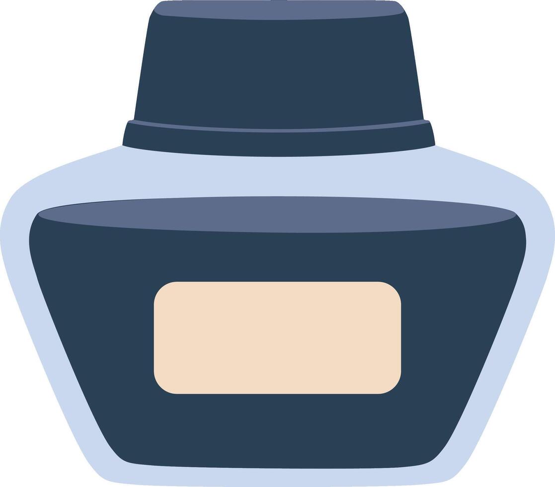 Glass inkpot with blank label containing blue ink, ideal for calligraphy, writing, and creative projects, providing a classic and elegant tool for artistic expression vector