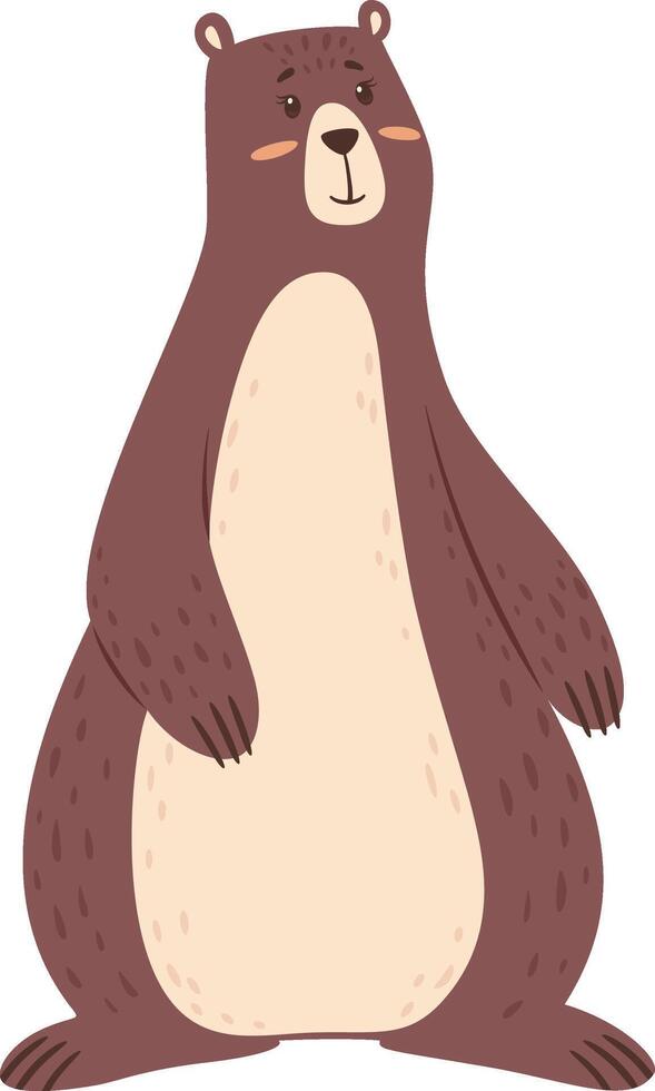 Cartoon illustration of a friendly brown bear standing on two legs, with a sweet expression and rosy cheeks, perfect for children's books or educational materials vector