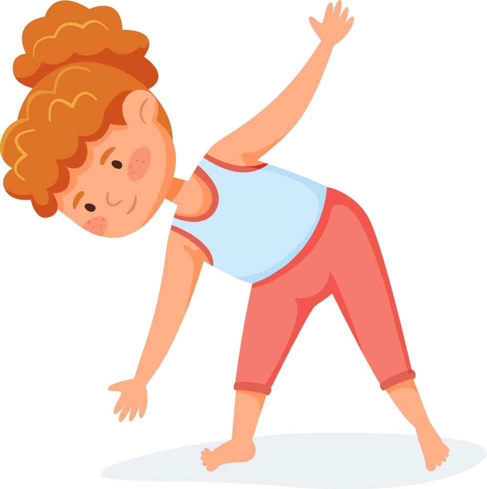 Redhead girl practicing yoga triangle pose, promoting physical activity, flexibility, and mindfulness in children, contributing to their overall health and well being vector