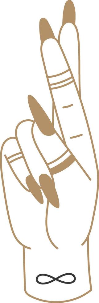 Crossed fingers adorned with an infinity symbol tattoo represent a superstitious gesture of wishing for luck, making promises, and expressing hope in a stylish, modern way vector