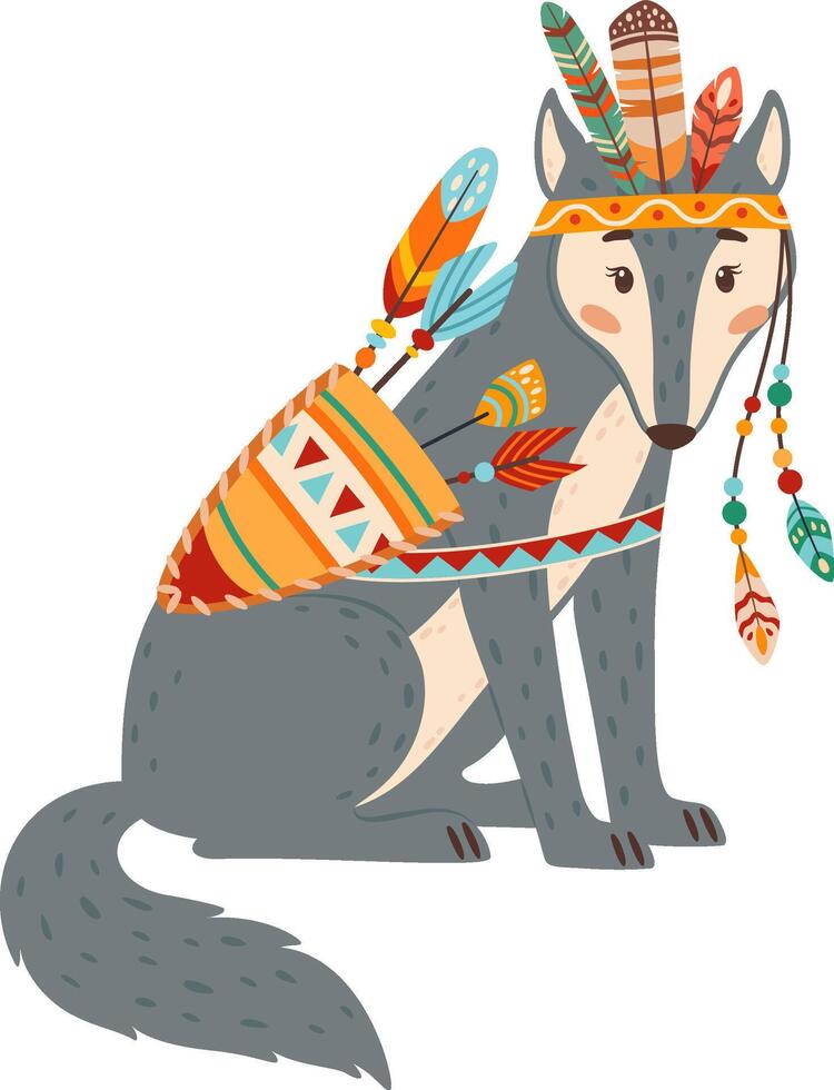 Adorable cartoon wolf character wearing traditional native american clothing and accessories, feathers, quiver with arrows and beads, sitting peacefully and calmly vector