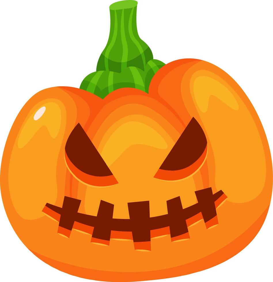 Halloween pumpkin with scary face, glowing eyes and showing teeth, carved vegetable with green stalk, spooky and creepy face perfect for halloween decoration, isolated on white background vector