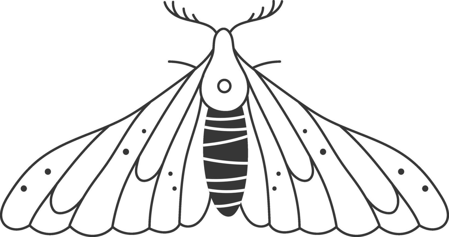 Minimalist illustration of a moth spreading its wings, showcasing a striped body and dotted wings, perfect for nature inspired designs vector
