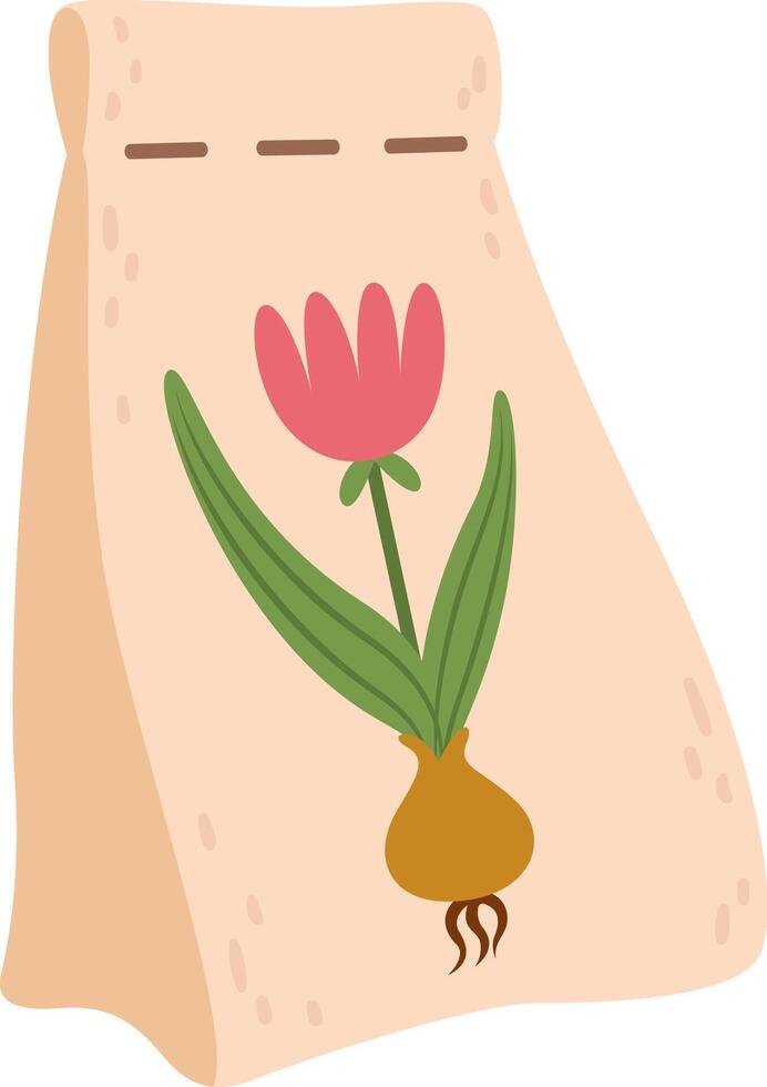 Paper bag holding a tulip bulb, illustrating the process of growth into a vibrant flower, capturing the essence of planting and gardening activities in springtime vector