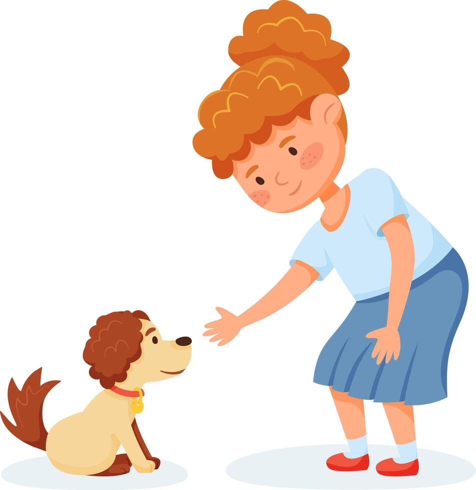 Adorable illustration of a young girl with red curly hair bending down to reach a small, fluffy dog with a red collar, capturing a heartwarming moment of friendship vector