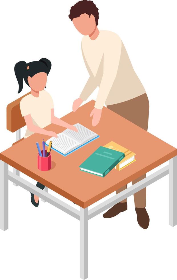 Teacher assisting young student reading a book at a school desk, promoting education and learning in a classroom or homeschooling environment vector