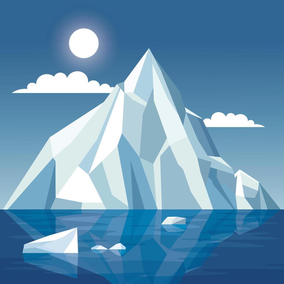Frozen Iceberg Ice Mountain Glacier Nature Landscape Floating on Blue Ocean with Sun in Bright Sky vector